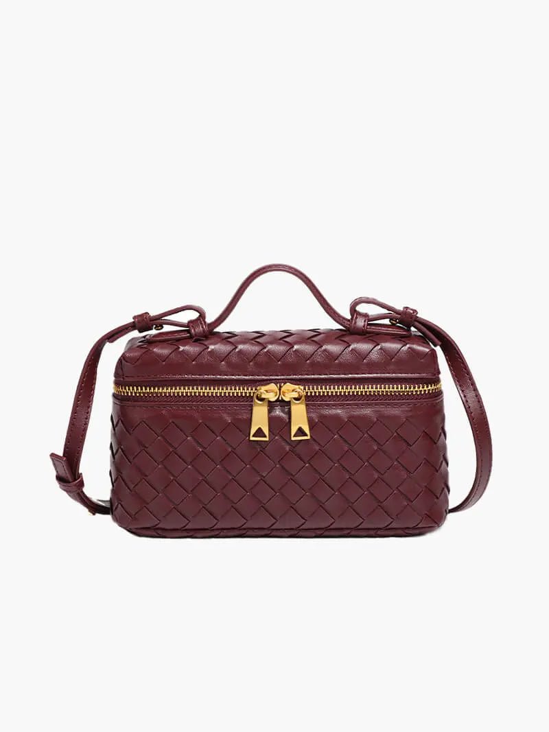 Luxe Woven Box Bag | Elegant Dark Brown Crossbody with Gold Zipper