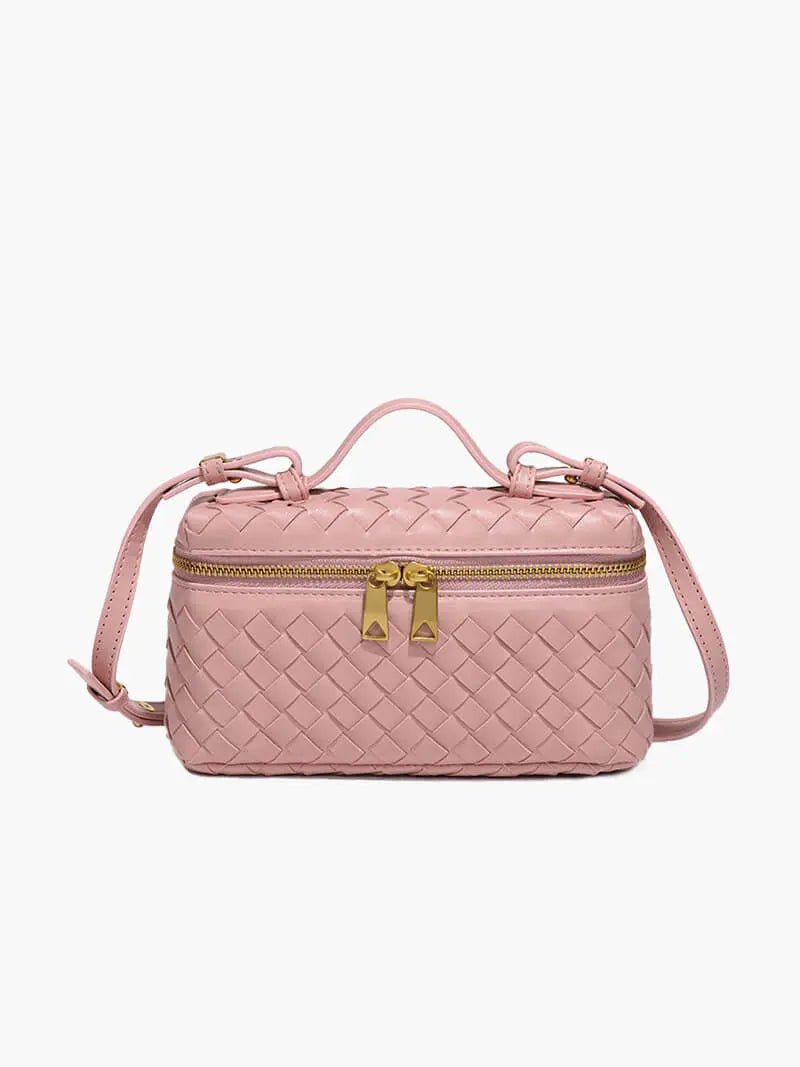 Luxe Woven Box Bag | Elegant Dark Brown Crossbody with Gold Zipper