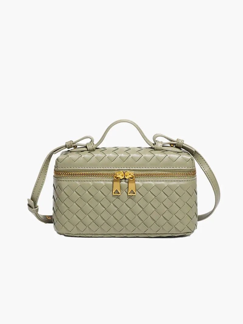 Luxe Woven Box Bag | Elegant Dark Brown Crossbody with Gold Zipper