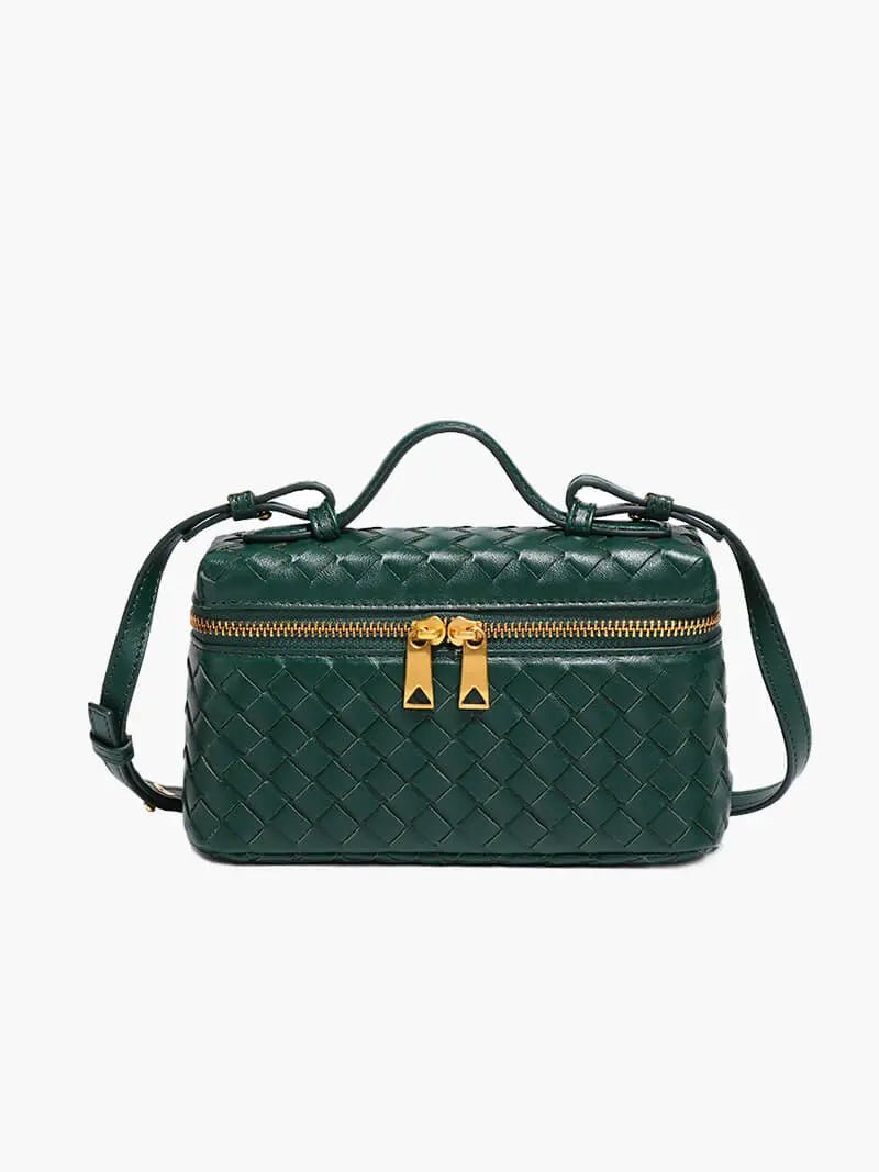 Luxe Woven Box Bag | Elegant Dark Brown Crossbody with Gold Zipper