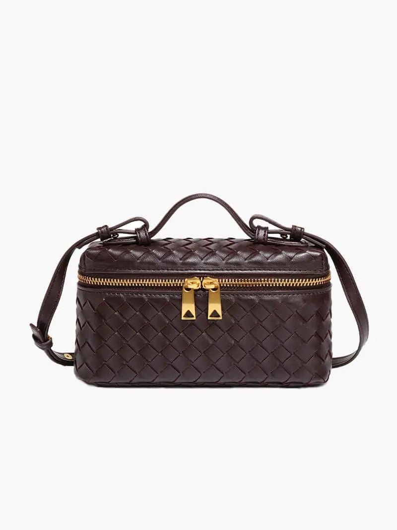 Luxe Woven Box Bag | Elegant Dark Brown Crossbody with Gold Zipper