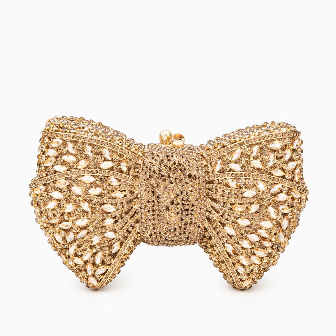 Celeste | Crystal Embellished Gold Bow Evening Clutch – Elegant Charm