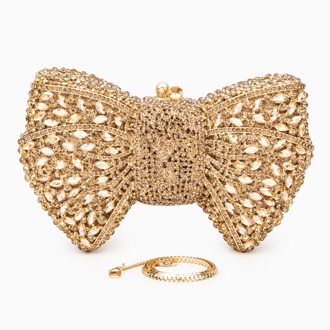 Celeste | Crystal Embellished Gold Bow Evening Clutch – Elegant Charm