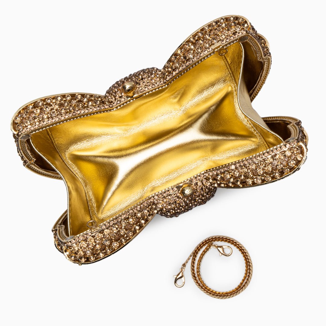 Celeste | Crystal Embellished Gold Bow Evening Clutch – Elegant Charm