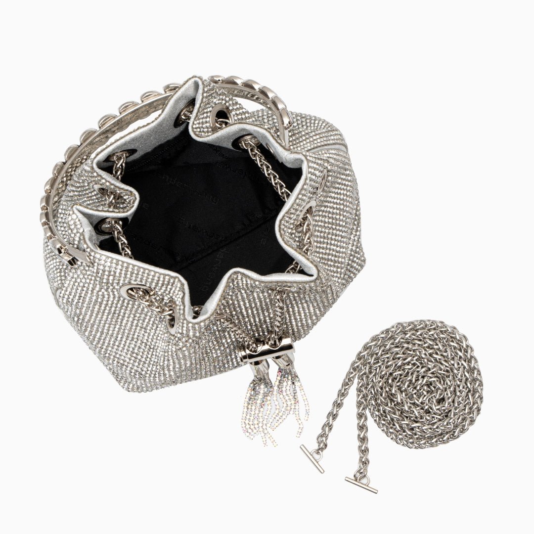 Velmira | Silver Crystal Embellished Bucket Bag – Dazzling & Glamorous