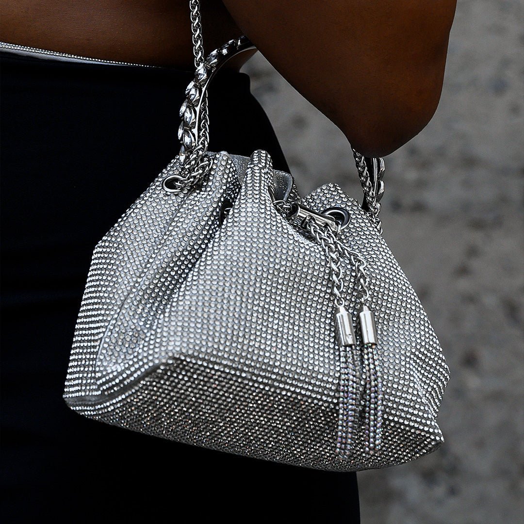 Velmira | Silver Crystal Embellished Bucket Bag – Dazzling & Glamorous