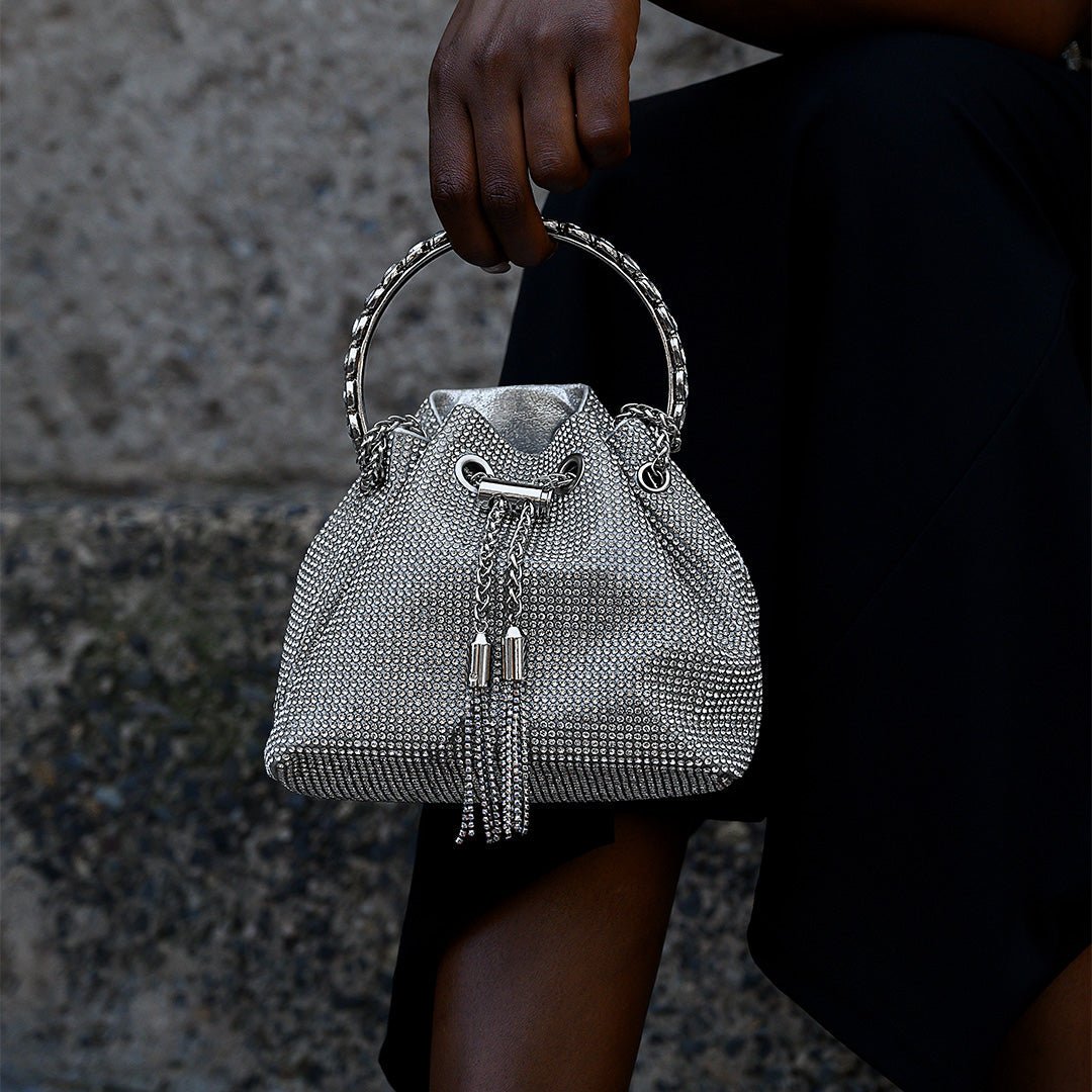 Velmira | Silver Crystal Embellished Bucket Bag – Dazzling & Glamorous