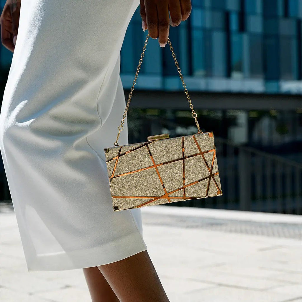 Zara | Gold Geometric Metallic Evening Clutch – Modern Chic