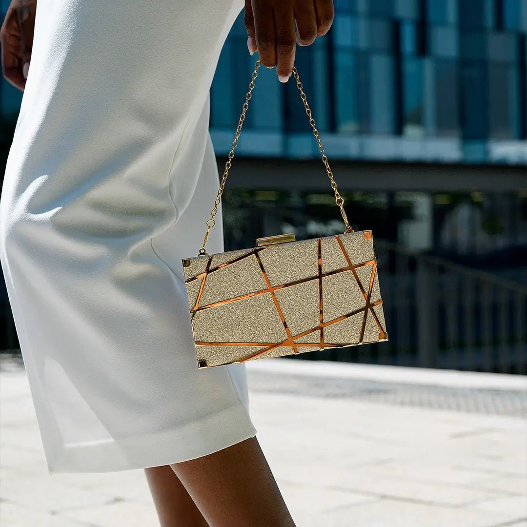 Zara | Gold Geometric Metallic Evening Clutch – Modern Chic