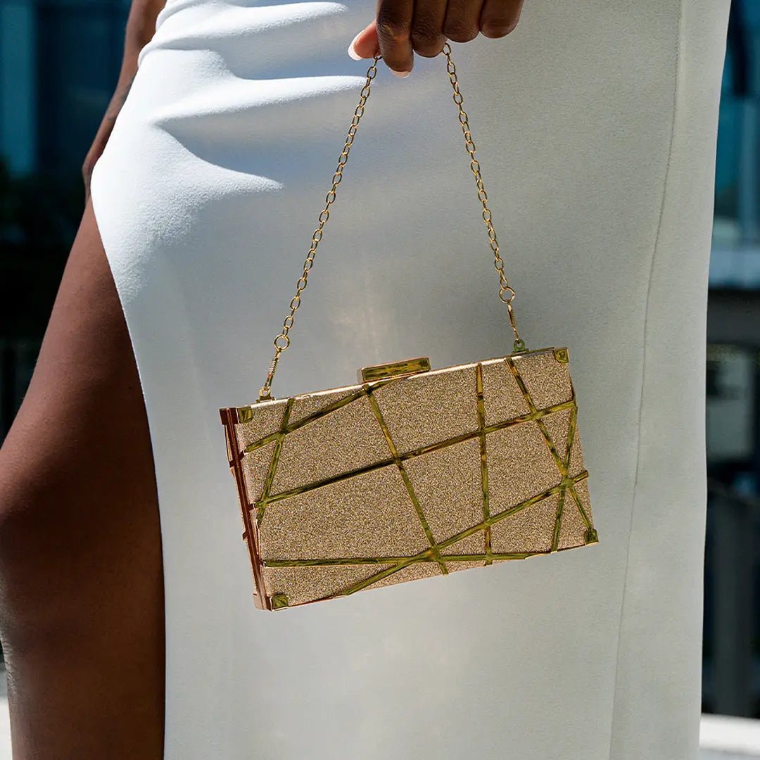Zara | Gold Geometric Metallic Evening Clutch – Modern Chic
