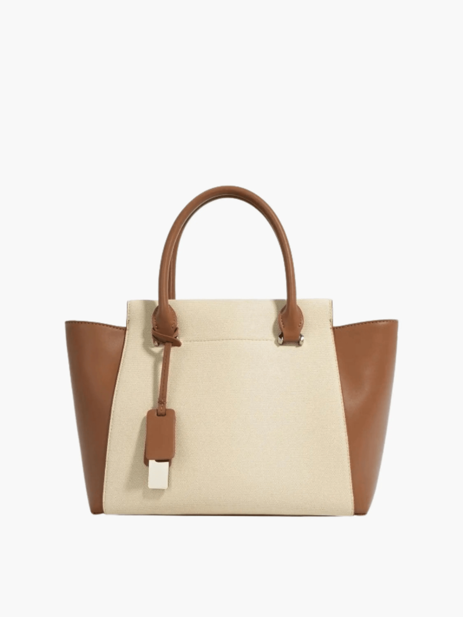 Beige Canvas Tote Bag with Genuine Leather – Women's Structured Handbag with Magnetic Closure