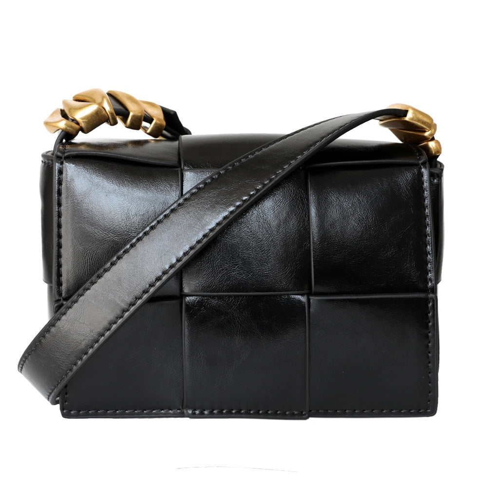 Delphine | Black Woven Leather Small Handbags Crossbody Flap Square Purse