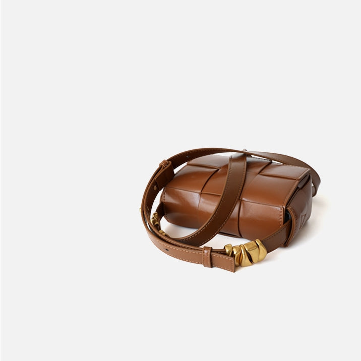 Delphine | Black Woven Leather Small Handbags Crossbody Flap Square Purse