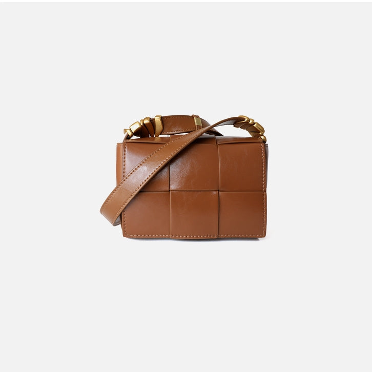 Delphine | Black Woven Leather Small Handbags Crossbody Flap Square Purse