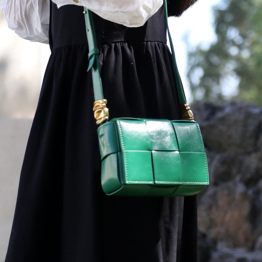 Delphine | Black Woven Leather Small Handbags Crossbody Flap Square Purse