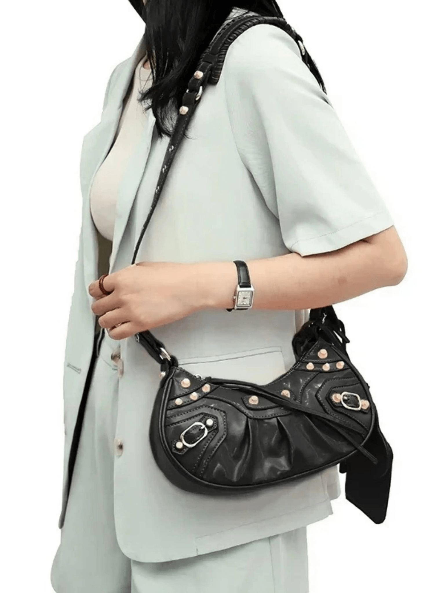 Thalina | Black Studded Shoulder Bag – Edgy & Stylish